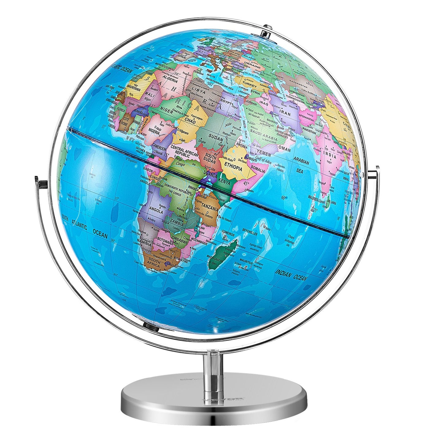 Rotating World Globe with Stand, 13 in/330.2 mm, Educational Geographic Globe with Precise Time Zone ABS Material, 720° Spinning Globe for Kids Children Learning Classroom Geography Education (Map Language: English)
