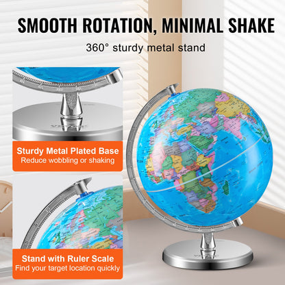 Rotating World Globe with Stand, 8 in/203.2 mm, Educational Geographic Globe with Precise Time Zone ABS Material, 360° Spinning Globe for Kids Children Learning Classroom Geography Education (Map Language: English)