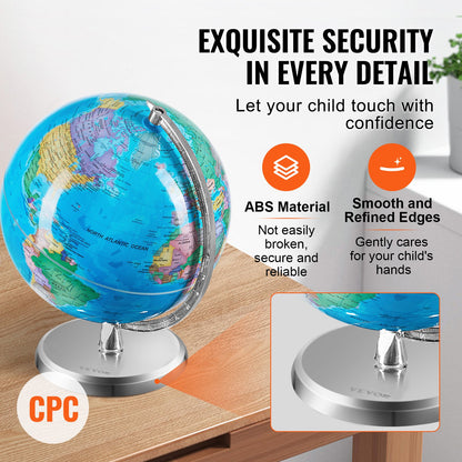 Rotating World Globe with Stand, 8 in/203.2 mm, Educational Geographic Globe with Precise Time Zone ABS Material, 360° Spinning Globe for Kids Children Learning Classroom Geography Education (Map Language: English)