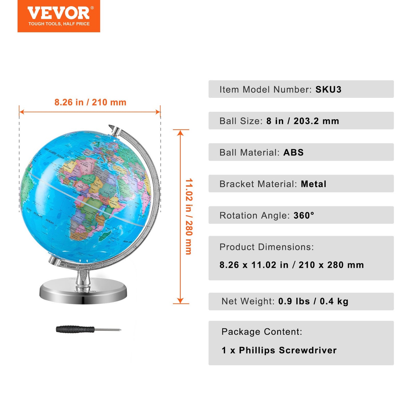 Rotating World Globe with Stand, 8 in/203.2 mm, Educational Geographic Globe with Precise Time Zone ABS Material, 360° Spinning Globe for Kids Children Learning Classroom Geography Education (Map Language: English)