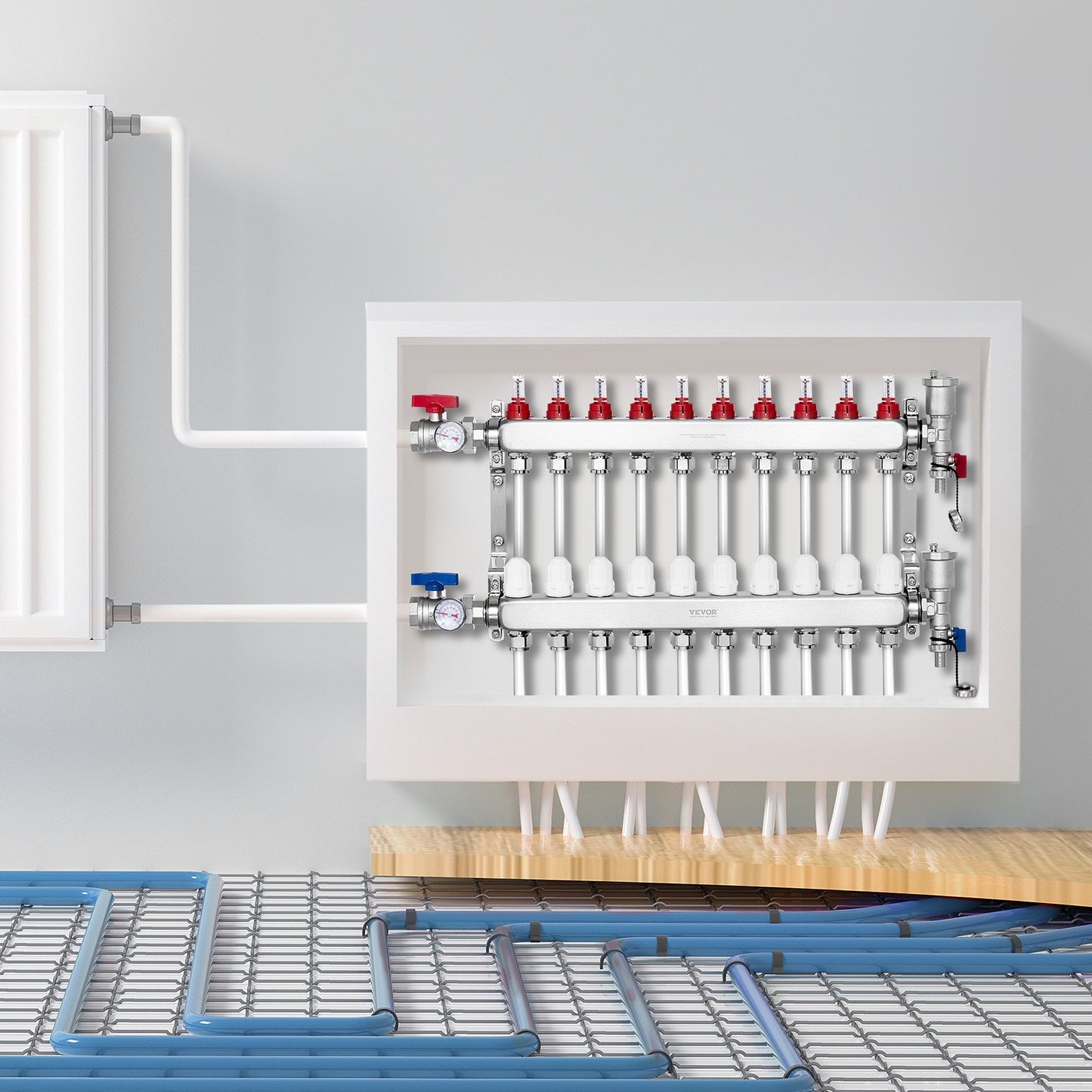 10-Branch Radiant Heat Manifold 1.27 cm PEX Tubing Floor Heating Manifold Set