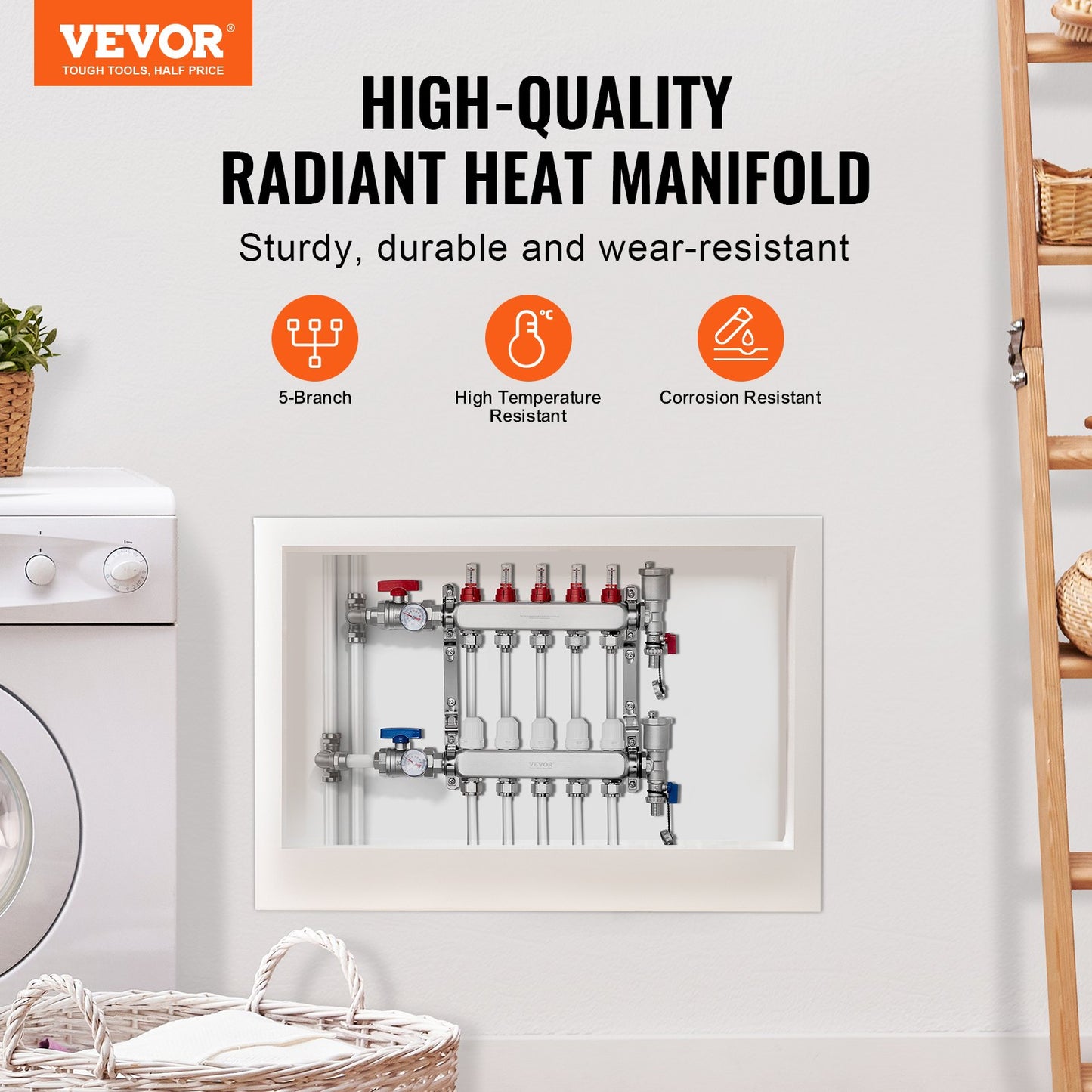 5-Branch Radiant Heat Manifold, 1/2" PEX Tubing Manifold, Stainless Steel PEX Manifold for Hydronic Radiant Floor Heating, Radiant Heat PEX Manifold Kit with 1/2" Adapters Included