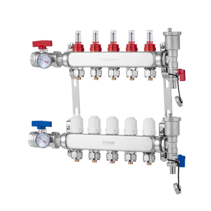 5-Branch Radiant Heat Manifold, 1/2" PEX Tubing Manifold, Stainless Steel PEX Manifold for Hydronic Radiant Floor Heating, Radiant Heat PEX Manifold Kit with 1/2" Adapters Included