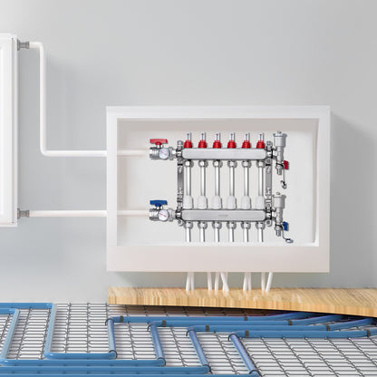 6-Branch Radiant Heat Manifold, 1/2" PEX Tubing Manifold, Stainless Steel PEX Manifold for Hydronic Radiant Floor Heating, Radiant Heat PEX Manifold Kit with 1/2" Adapters Included
