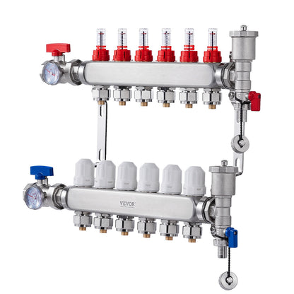 6-Branch Radiant Heat Manifold, 1/2" PEX Tubing Manifold, Stainless Steel PEX Manifold for Hydronic Radiant Floor Heating, Radiant Heat PEX Manifold Kit with 1/2" Adapters Included