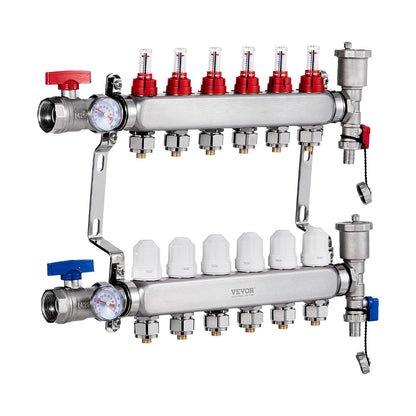 6-Branch Radiant Heat Manifold, 1/2" PEX Tubing Manifold, Stainless Steel PEX Manifold for Hydronic Radiant Floor Heating, Radiant Heat PEX Manifold Kit with 1/2" Adapters Included