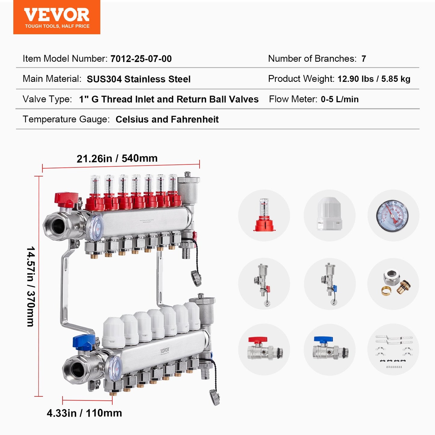 7-facher Fußbodenheizungsverteiler mit 1,27 cm PEX-Rohren