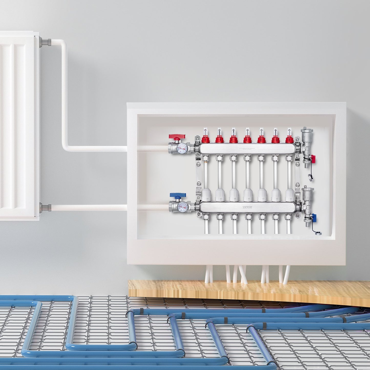 7-facher Fußbodenheizungsverteiler mit 1,27 cm PEX-Rohren