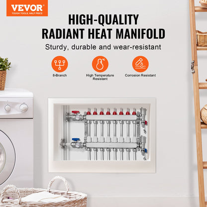 8-facher Verteiler für Fußbodenheizung, 1/2"-PEX-Rohrverteiler, Edelstahl-PEX-Verteiler für wasserführende Fußbodenheizung, PEX-Verteiler-Set für Fußbodenheizung inklusive 1/2"-Adaptern