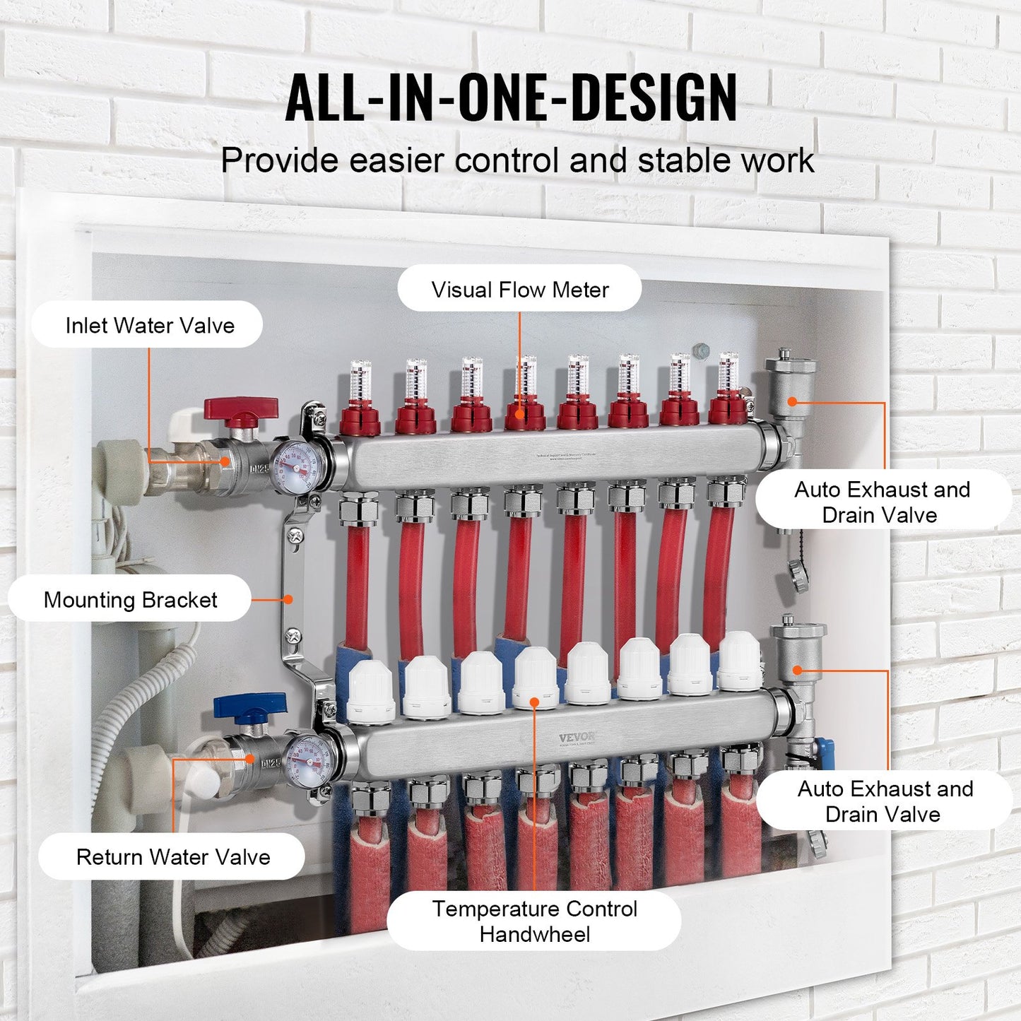 8-facher Verteiler für Fußbodenheizung, 1/2"-PEX-Rohrverteiler, Edelstahl-PEX-Verteiler für wasserführende Fußbodenheizung, PEX-Verteiler-Set für Fußbodenheizung inklusive 1/2"-Adaptern