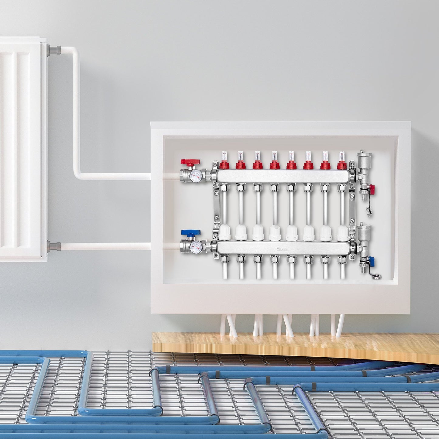 8-facher Verteiler für Fußbodenheizung, 1/2"-PEX-Rohrverteiler, Edelstahl-PEX-Verteiler für wasserführende Fußbodenheizung, PEX-Verteiler-Set für Fußbodenheizung inklusive 1/2"-Adaptern