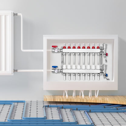 8-facher Verteiler für Fußbodenheizung, 1/2"-PEX-Rohrverteiler, Edelstahl-PEX-Verteiler für wasserführende Fußbodenheizung, PEX-Verteiler-Set für Fußbodenheizung inklusive 1/2"-Adaptern