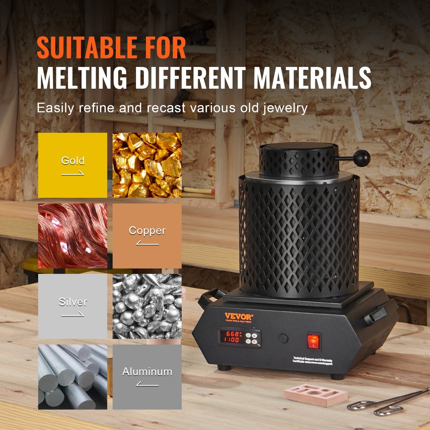 Gold Melting Furnace, 1350W, 1150°C Max Temperature, Digital Electric Melting Furnace with 1 kg and 3 kg Ceramic Crucibles, Crucible Tongs, and Gloves, for Gold, Silver, Aluminum, Copper