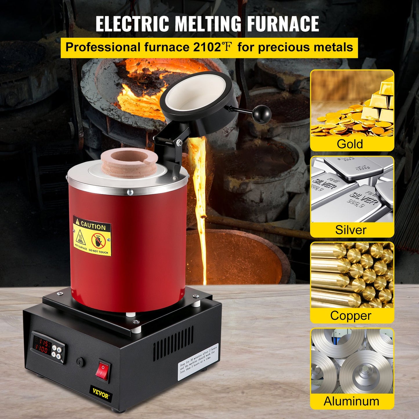 Gold Melting Furnace, 1350W, 1150 ℃ Max Temperature, Digital Electric Melting Furnace, with 3 kg Ceramic Crucible, Ingot Die, and Gloves, for Processing of Gold, Silver, Copper, Aluminum
