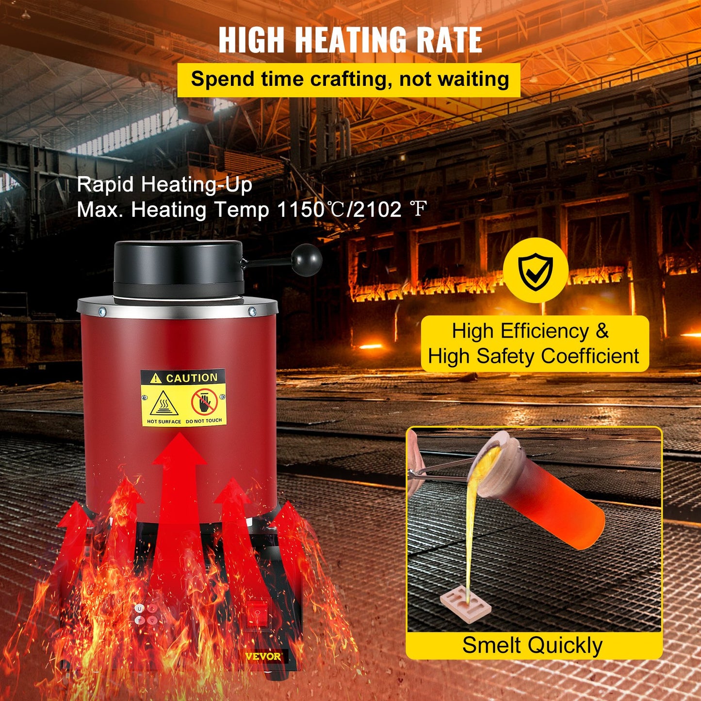 Gold Melting Furnace, 1350W, 1150 ℃ Max Temperature, Digital Electric Melting Furnace, with 3 kg Ceramic Crucible, Ingot Die, and Gloves, for Processing of Gold, Silver, Copper, Aluminum