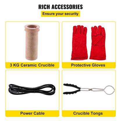 Gold Melting Furnace, 1350W, 1150 ℃ Max Temperature, Digital Electric Melting Furnace, with 3 kg Ceramic Crucible, Ingot Die, and Gloves, for Processing of Gold, Silver, Copper, Aluminum