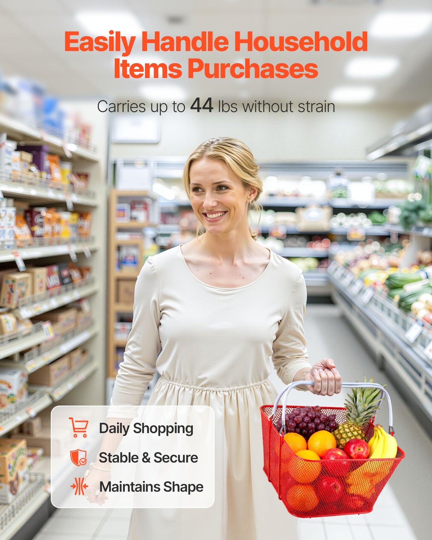 Shopping Baskets, 12 PCS, 22L Stackable Metal Grocery Baskets with Handles, Dense Mesh Structure, Holds up to 20 kg, Portable for Grocery, Retail, Stores, Supermarket, Bookstore, Home Use, Red