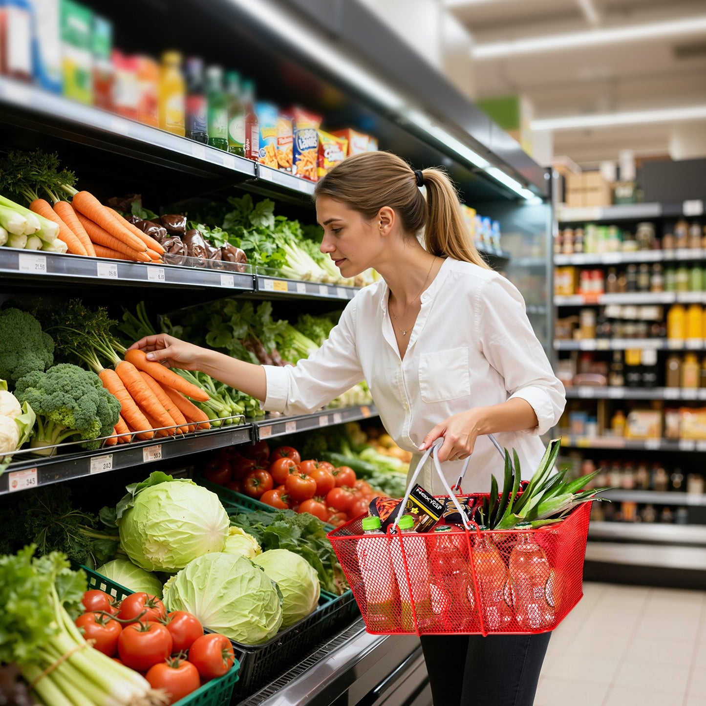 Shopping Baskets, 12 PCS, 22L Stackable Metal Grocery Baskets with Handles, Dense Mesh Structure, Holds up to 20 kg, Portable for Grocery, Retail, Stores, Supermarket, Bookstore, Home Use, Red