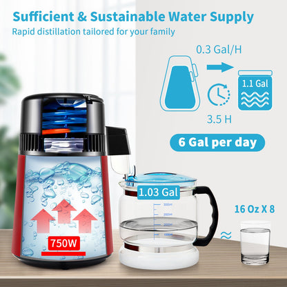 Water Distiller, 1 L/H, 4L Distilled Water Maker with 0-99 H Timing, 750W Countertop Water Purifier with Dual Temp Display, Glass Carafe Cleaning Powder 3 Carbon Packs Equipped, FDA Approved, Re