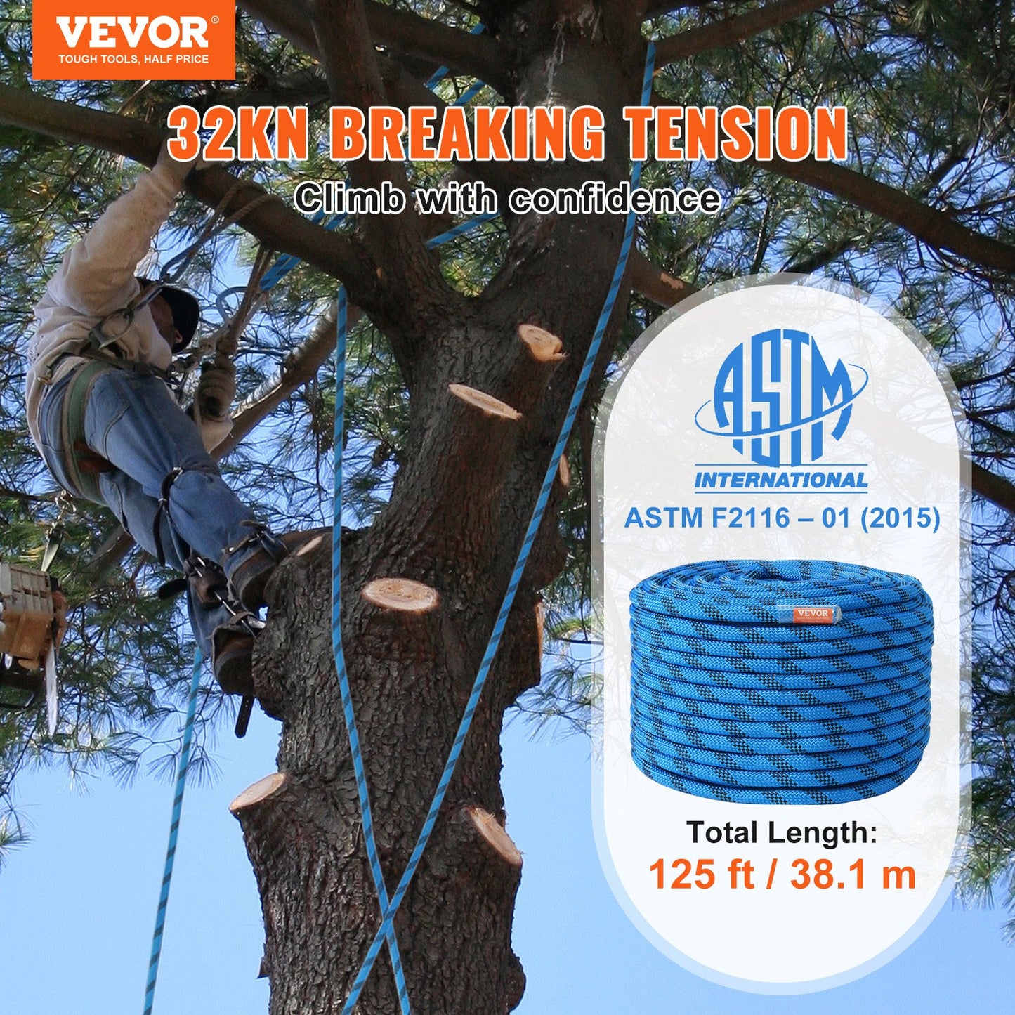 12,7 mm statisches Kletterseil, 38 m (125 ft) Outdoor-Kletterseil, 30 kN Bruchlast, Faserseil mit Stahlkarabinern für Flucht, Abseilen, Feuerwehr und Rettungseinsätze, Blau