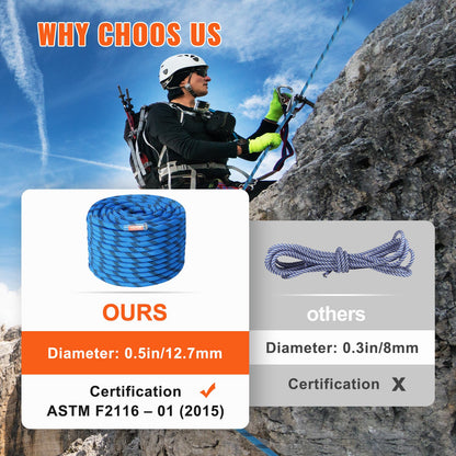 12,7 mm statisches Kletterseil, 60,9 m (200 Fuß) Outdoor-Kletterseil, 30 kN Bruchlast, Faserseil für Flucht, Abseilen, Feuerwehrrettung, Blau