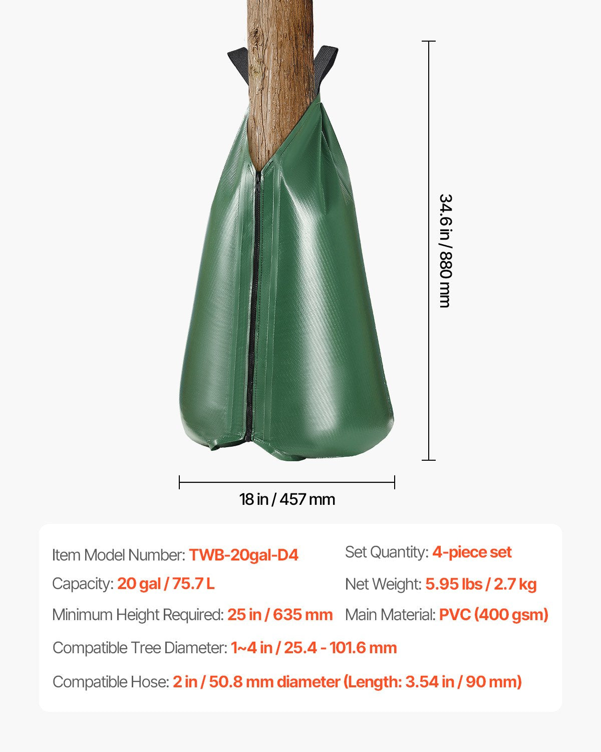 Tree Watering Bag, 4 Packs 20 Gallons Watering Bags for New Trees, 5-9 Hours Slow Release Refillable Tree Drip Irrigation Bags with Zipper, Durable Tree Watering System for Deep Root Targeting