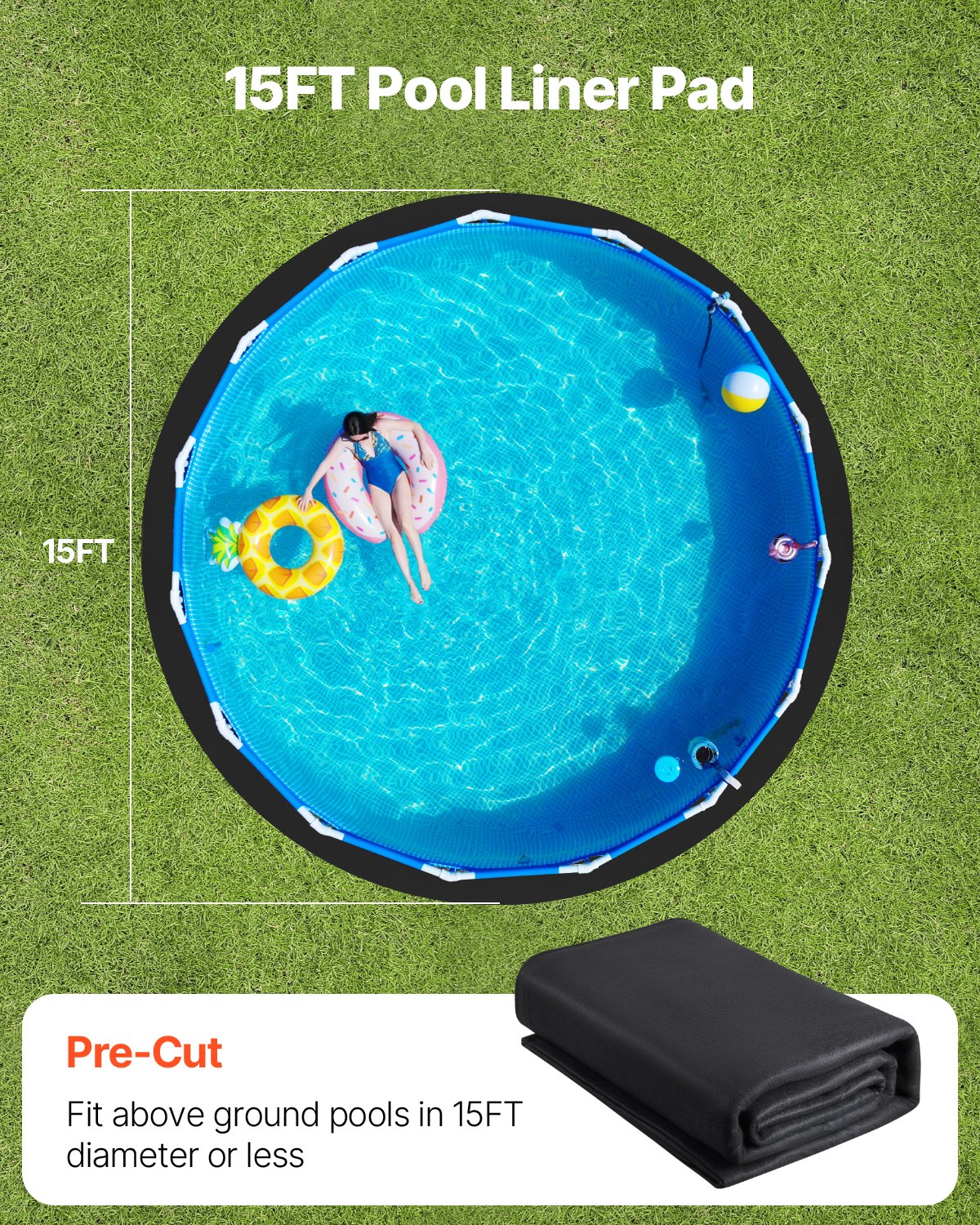 15ft Round Pool Liner Pad, Pool Liner Pad for Above Ground Swimming Pools, Extra-Thick Pool Mat, Prevents Punctures, Recycled Geotextile Material Underlayment Pad, Extend Liner Life