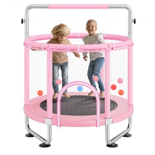 55" Kids Trampoline, 4.6FT Indoor Outdoor Trampoline, Mini Toddler Recreational Trampolinewith Safety Enclosure Net and Basketball Hoop, Birthday Gifts Christmas Toys for 3+ Years Children, Pink