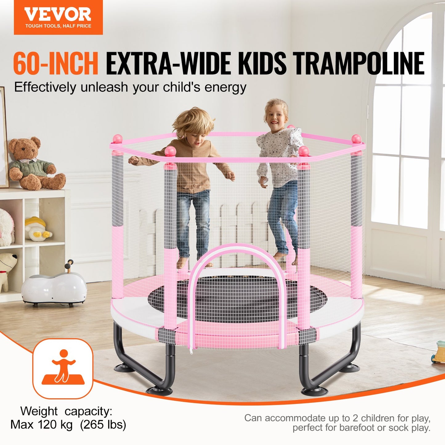 60" Kids Trampoline, 5FT Indoor Outdoor Trampoline, Mini Toddler Recreational Trampolinewith Safety Enclosure Net and Basketball Hoop, Birthday Gifts Christmas Toys for 3+ Years Children, Pink