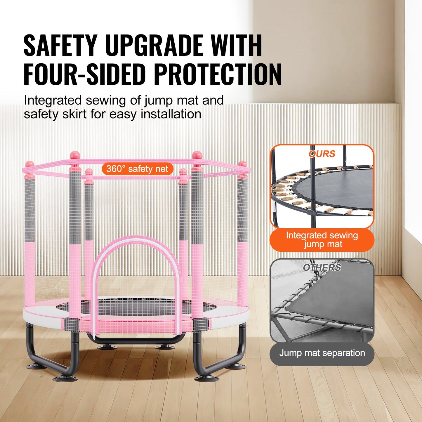 60" Kids Trampoline, 5FT Indoor Outdoor Trampoline, Mini Toddler Recreational Trampolinewith Safety Enclosure Net and Basketball Hoop, Birthday Gifts Christmas Toys for 3+ Years Children, Pink