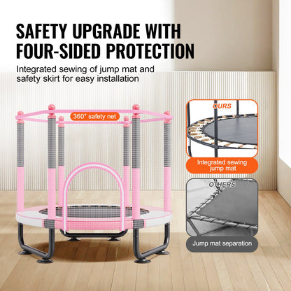 60" Kids Trampoline, 5FT Indoor Outdoor Trampoline, Mini Toddler Recreational Trampolinewith Safety Enclosure Net and Basketball Hoop, Birthday Gifts Christmas Toys for 3+ Years Children, Pink