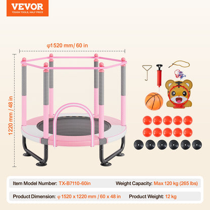 60" Kids Trampoline, 5FT Indoor Outdoor Trampoline, Mini Toddler Recreational Trampolinewith Safety Enclosure Net and Basketball Hoop, Birthday Gifts Christmas Toys for 3+ Years Children, Pink