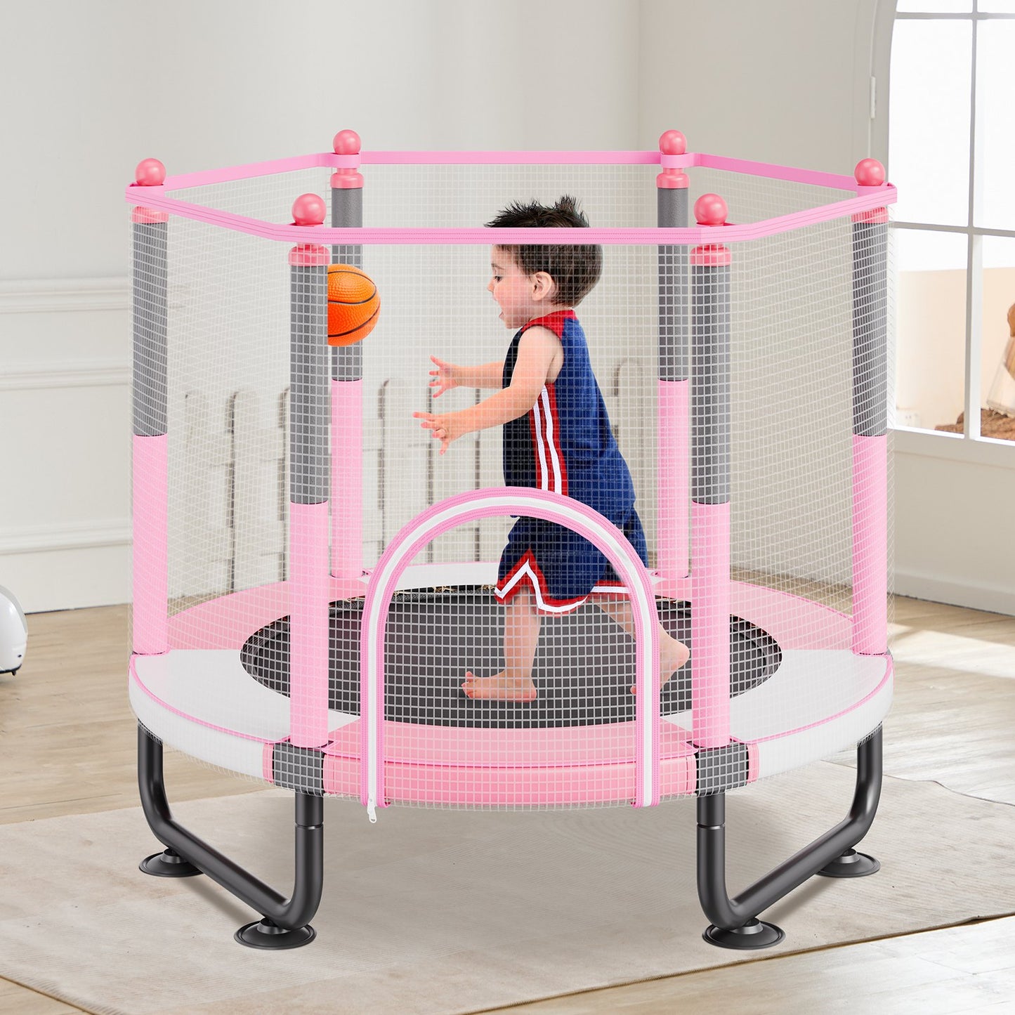 60" Kids Trampoline, 5FT Indoor Outdoor Trampoline, Mini Toddler Recreational Trampolinewith Safety Enclosure Net and Basketball Hoop, Birthday Gifts Christmas Toys for 3+ Years Children, Pink