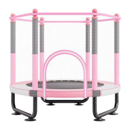 60" Kids Trampoline, 5FT Indoor Outdoor Trampoline, Mini Toddler Recreational Trampolinewith Safety Enclosure Net and Basketball Hoop, Birthday Gifts Christmas Toys for 3+ Years Children, Pink