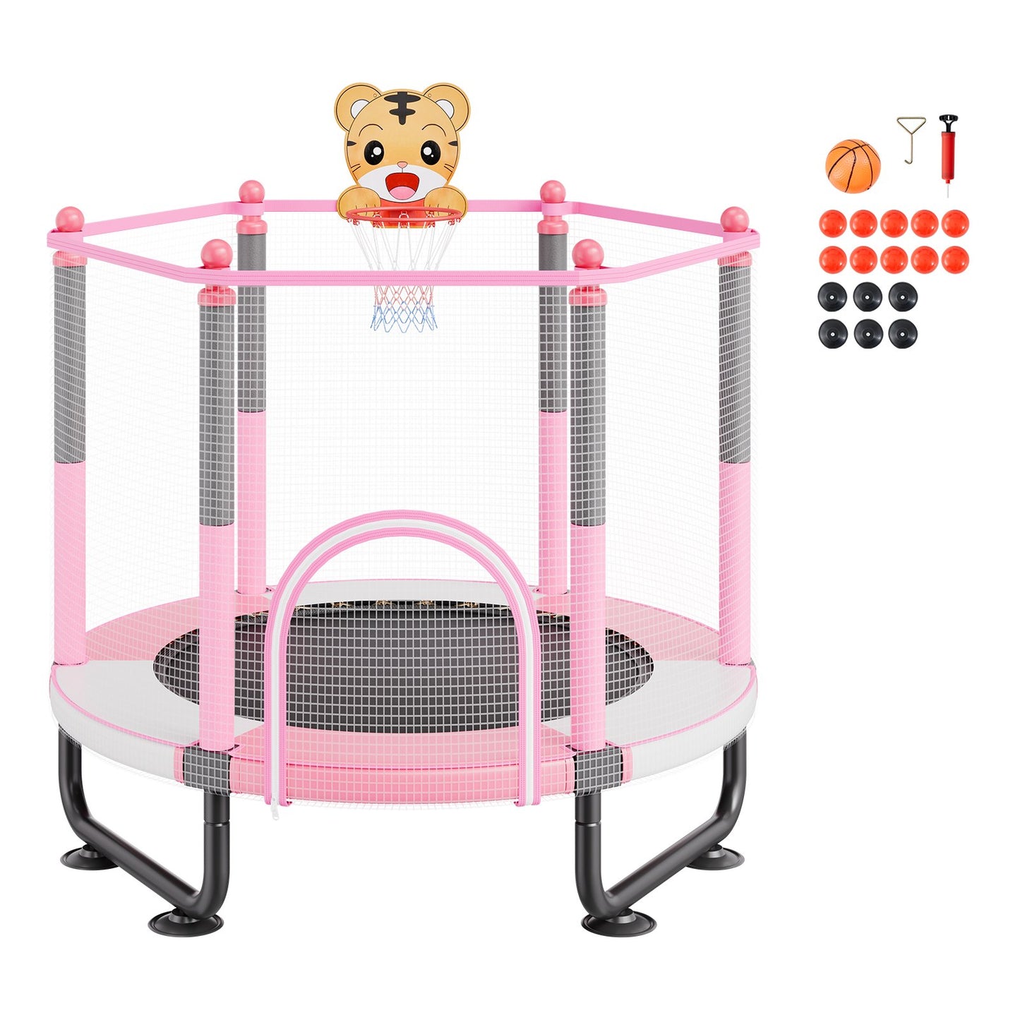 60" Kids Trampoline, 5FT Indoor Outdoor Trampoline, Mini Toddler Recreational Trampolinewith Safety Enclosure Net and Basketball Hoop, Birthday Gifts Christmas Toys for 3+ Years Children, Pink