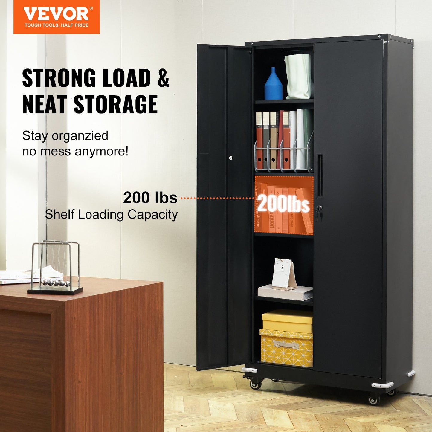 Metal Storage Cabinet with Wheels, 190.5 cm Locking Cabinet with 4 Adjustable Shelves & 2 Magnetic Doors, 90.7 kg Capacity per Shelf, Metal Cabinet with 3 Keys for Office, Garage, Home, Black