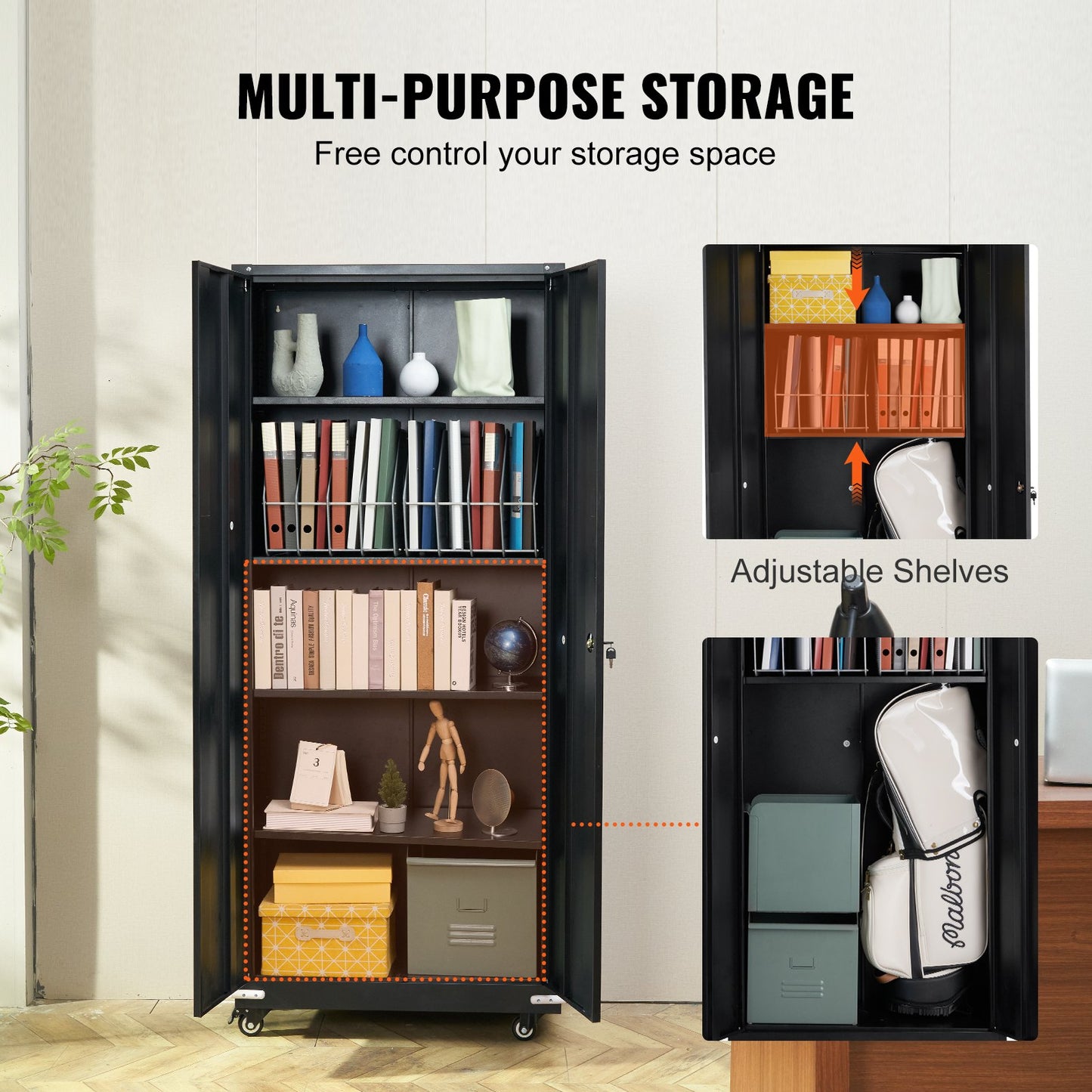 Metal Storage Cabinet with Wheels, 190.5 cm Locking Cabinet with 4 Adjustable Shelves & 2 Magnetic Doors, 90.7 kg Capacity per Shelf, Metal Cabinet with 3 Keys for Office, Garage, Home, Black
