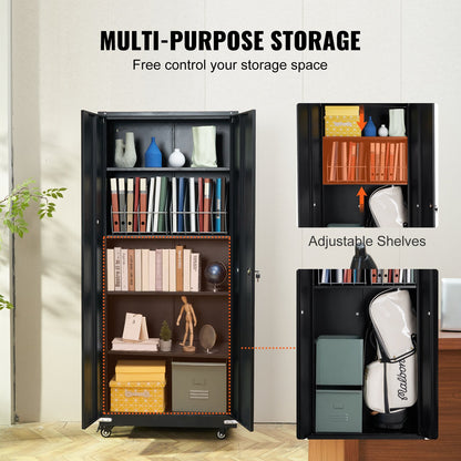 Metal Storage Cabinet with Wheels, 190.5 cm Locking Cabinet with 4 Adjustable Shelves & 2 Magnetic Doors, 90.7 kg Capacity per Shelf, Metal Cabinet with 3 Keys for Office, Garage, Home, Black