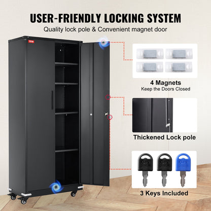 Metal Storage Cabinet with Wheels, 190.5 cm Locking Cabinet with 4 Adjustable Shelves & 2 Magnetic Doors, 90.7 kg Capacity per Shelf, Metal Cabinet with 3 Keys for Office, Garage, Home, Black