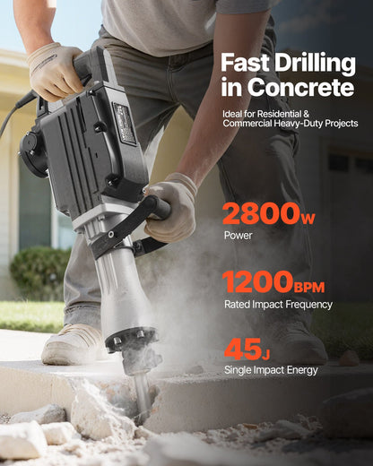 Demolition Jack Hammer, 2800 W Powerful Electric Jackhammer, 1200 BPM Concrete Breaker with 3 Chisels, a Clay Spade, Carrying Case, Gloves, for Concrete, Wall, Brick, Tile and Foundation