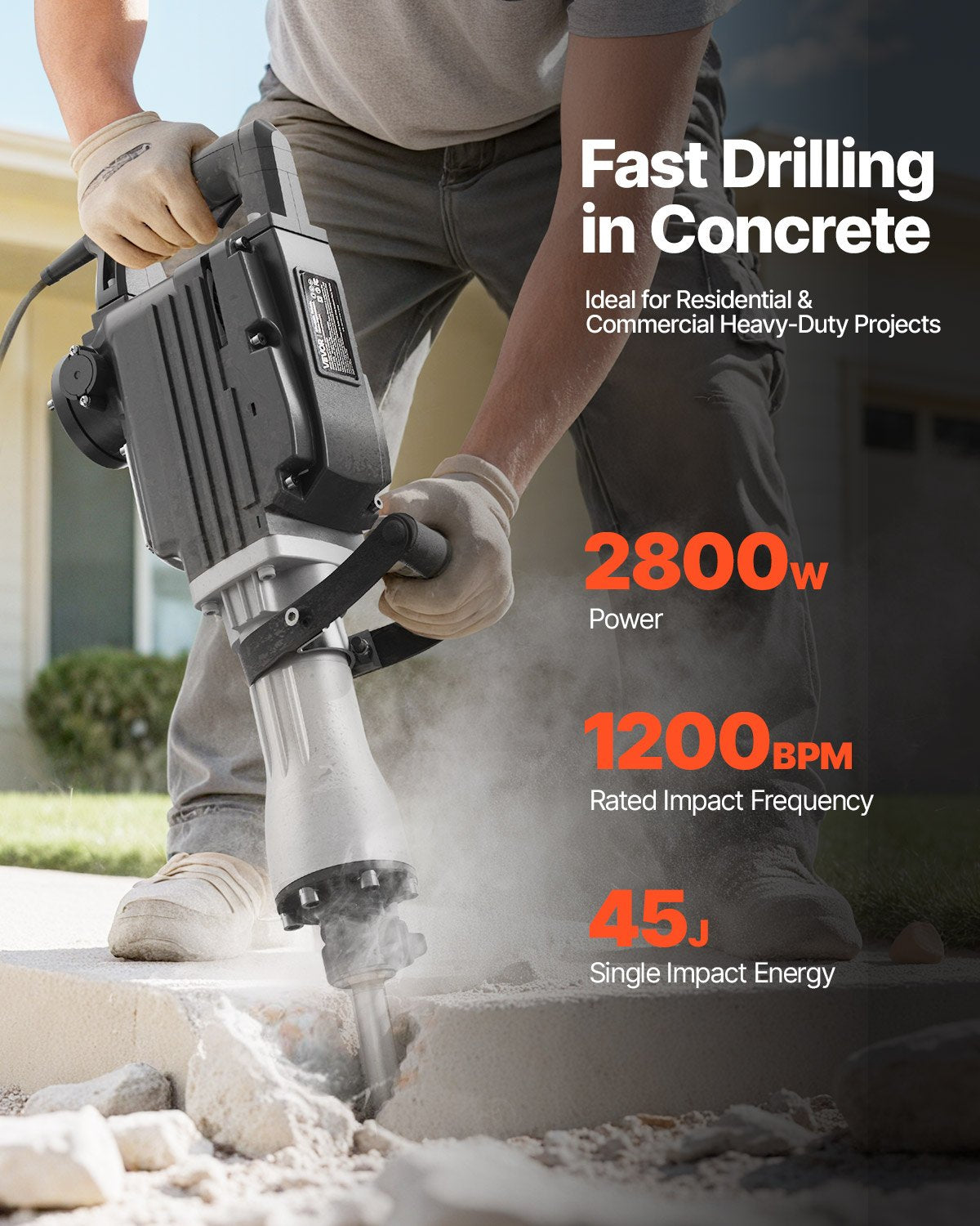 Demolition Jack Hammer, 2800 W Powerful Electric Jackhammer, 1200 BPM Concrete Breaker with a Point Chisel, a Flat Chisel, Carrying Case, Gloves, for Concrete, Wall, Brick, Tile and Foundation