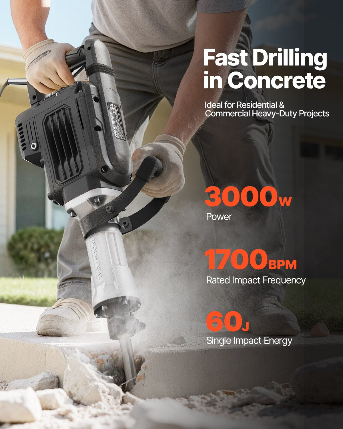 Demolition Jack Hammer, 3000 W Powerful Electric Jackhammer, 1700 BPM Concrete Breaker with a Point Chisel, Carrying Case, Gloves, Goggles, for Concrete, Wall, Brick, Tile and Foundation