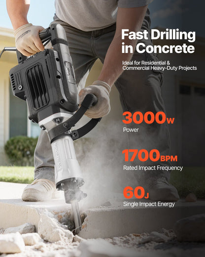 Demolition Jack Hammer, 3000 W Powerful Electric Jackhammer, 1700 BPM Concrete Breaker with a Point Chisel, Carrying Case, Gloves, Goggles, for Concrete, Wall, Brick, Tile and Foundation