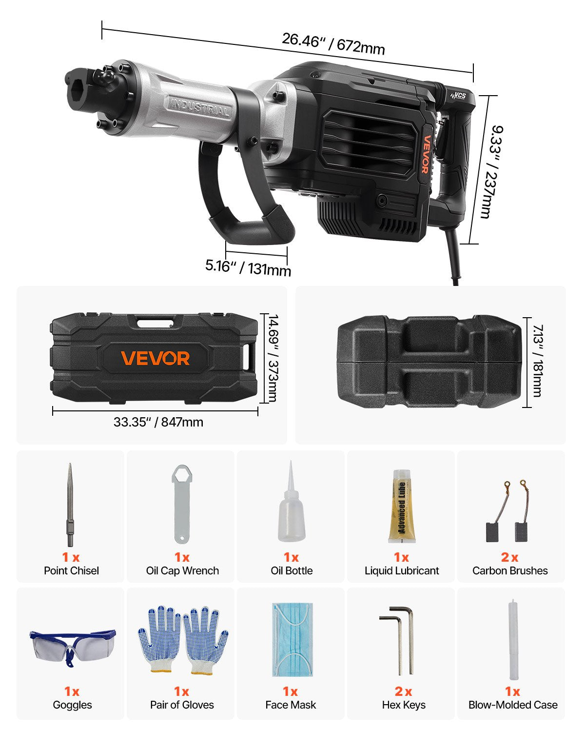 Demolition Jack Hammer, 3000 W Powerful Electric Jackhammer, 1700 BPM Concrete Breaker with a Point Chisel, Carrying Case, Gloves, Goggles, for Concrete, Wall, Brick, Tile and Foundation