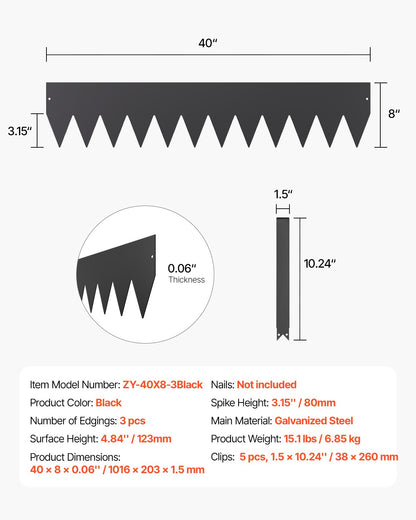 Steel Landscape Edging, 3 Packs 40 x 8 in Rust-Resistant Metal Landscape Edging, Bendable Garden Edging Border, Heavy Duty Lawn Edging, Easy-to-Install, Flower Bed Yard Pathway Divider Black