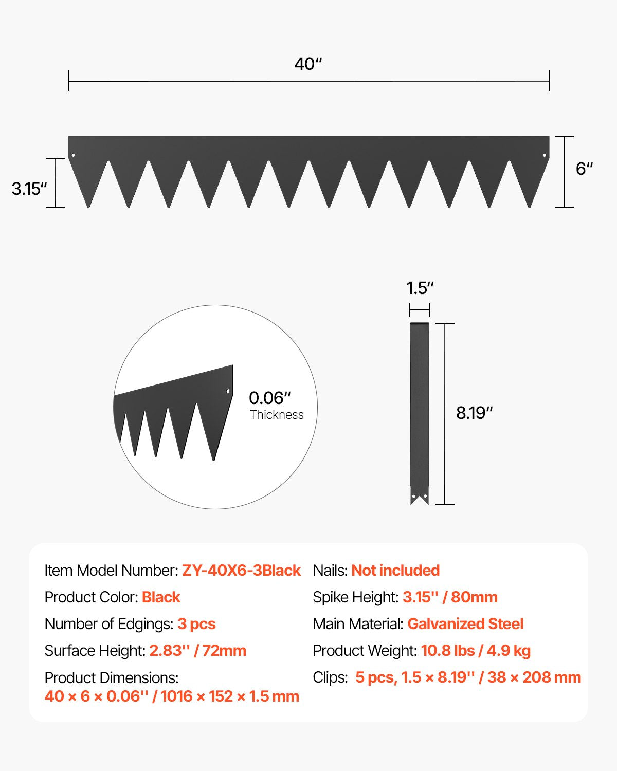Steel Landscape Edging, 3 Packs 40 x 6 in Rust-Resistant Metal Landscape Edging, Bendable Garden Edging Border, Heavy Duty Lawn Edging, Easy-to-Install, Flower Bed Yard Pathway Divider Black