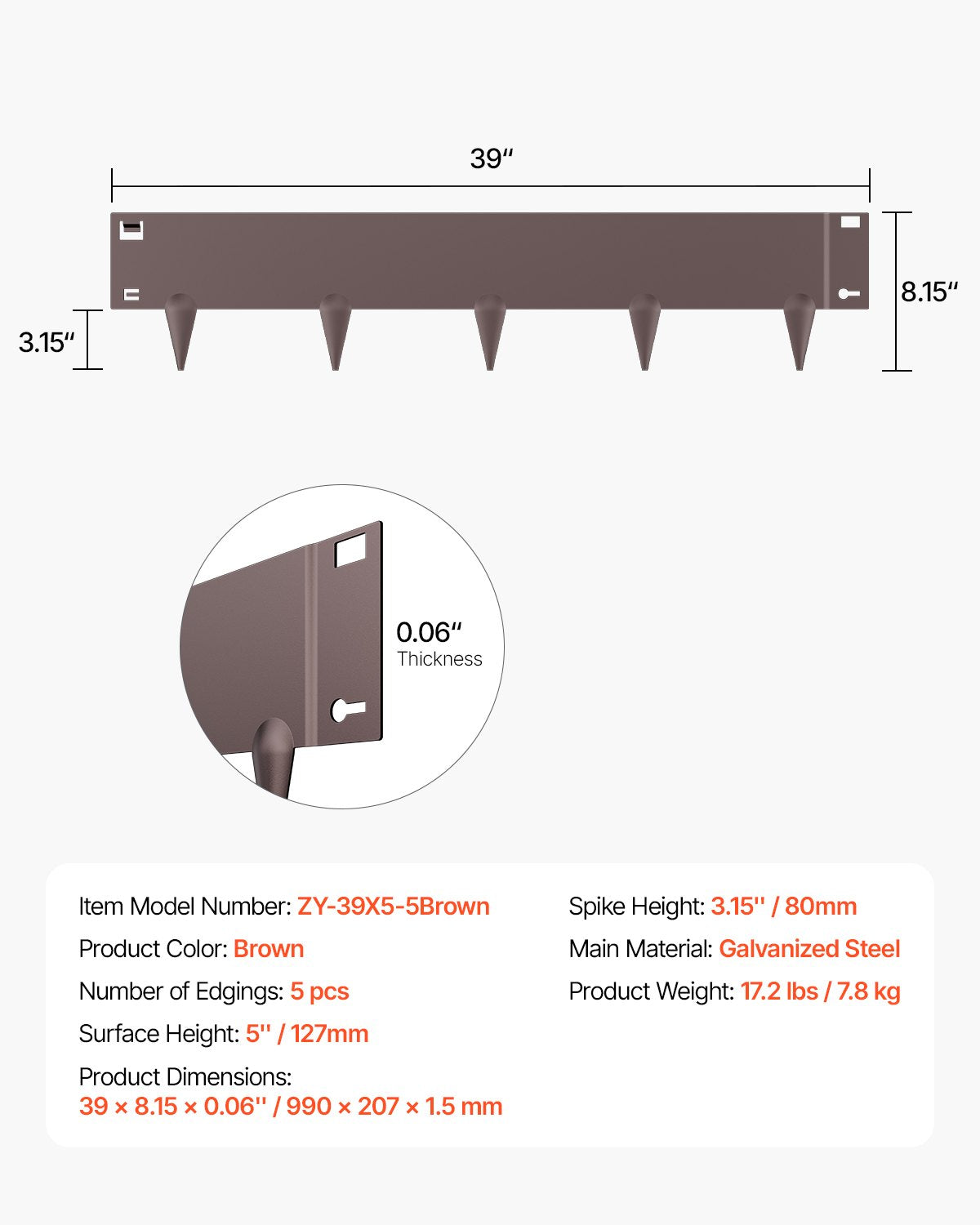 Steel Landscape Edging, 5 Packs 39 x 5 in Rust-Resistant Metal Landscape Edging, Bendable Garden Edging Border, Heavy Duty Lawn Edging, Easy-to-Install, Flower Bed Yard Pathway Divider Brown