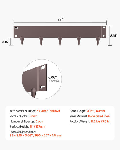 Steel Landscape Edging, 5 Packs 39 x 5 in Rust-Resistant Metal Landscape Edging, Bendable Garden Edging Border, Heavy Duty Lawn Edging, Easy-to-Install, Flower Bed Yard Pathway Divider Brown