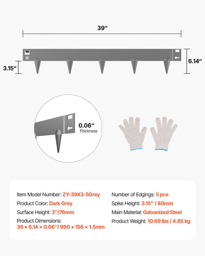 Steel Landscape Edging, 5 Packs 39 x 3 in Rust-Resistant Metal Landscape Edging, Bendable Garden Edging Border, Heavy Duty Lawn Edging, Easy-to-Install, Flower Bed Yard Pathway Divider Dark Gray