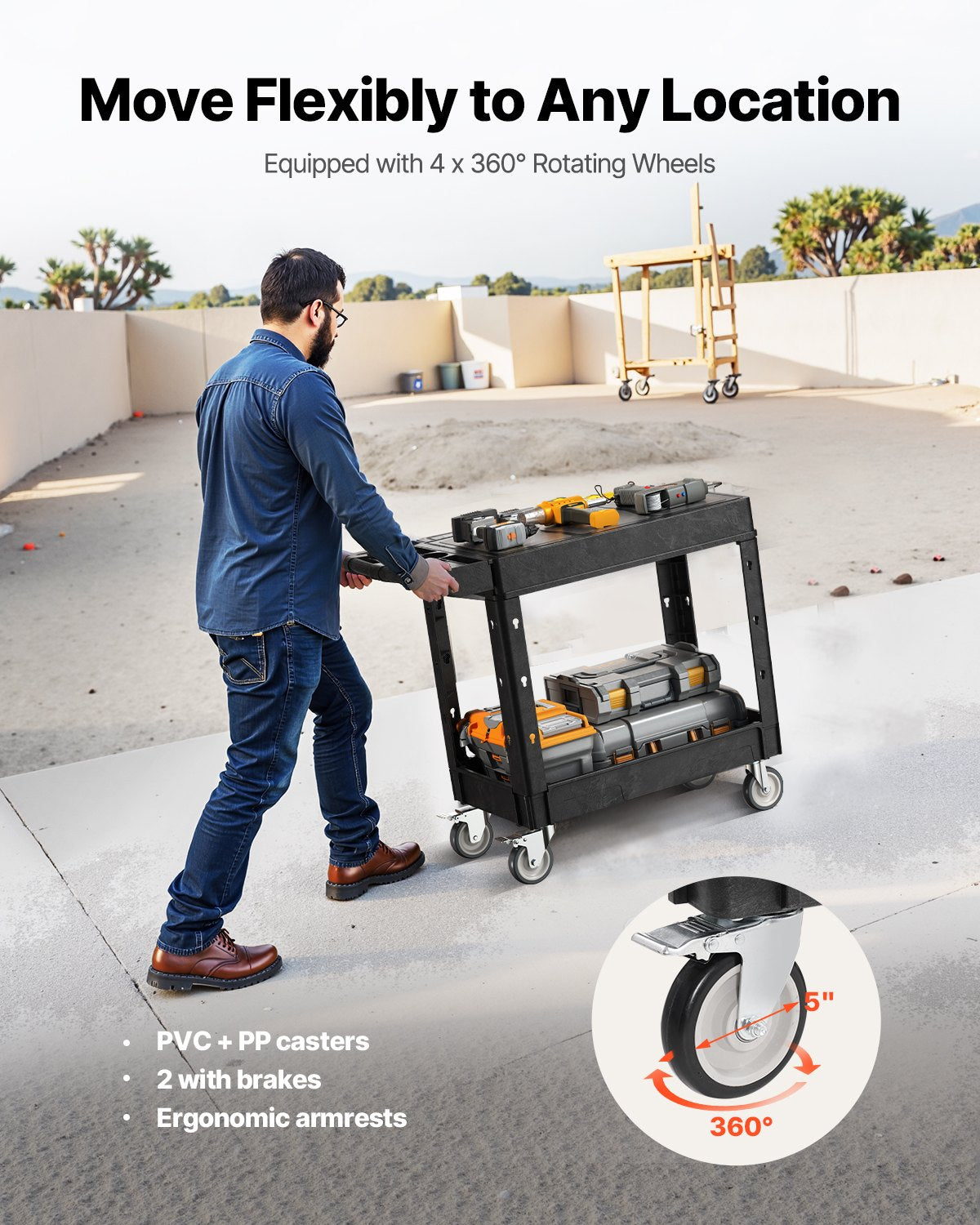 Servierwagen, 250 kg Tragkraft, 80 x 45 cm, robuster Kunststoff-Servierwagen mit zwei Ablagen und 360°-Schwenkrollen (2 mit Bremsen), geeignet für Lager, Garage und Reinigungsarbeiten